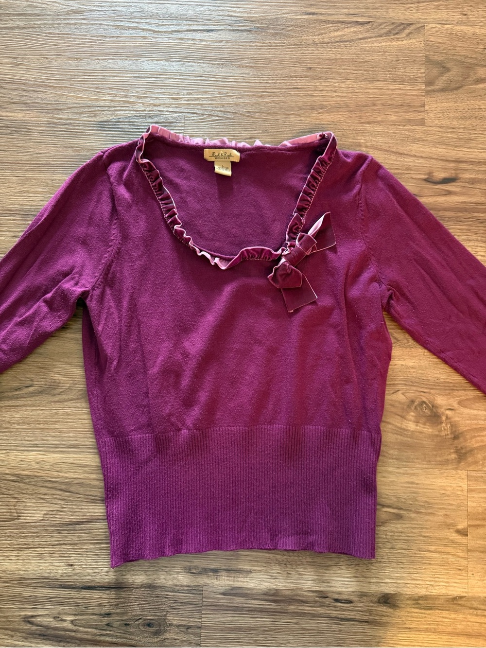 Peck & Peck Plum Ruffle-Trim V-Neck Sweater with Bow